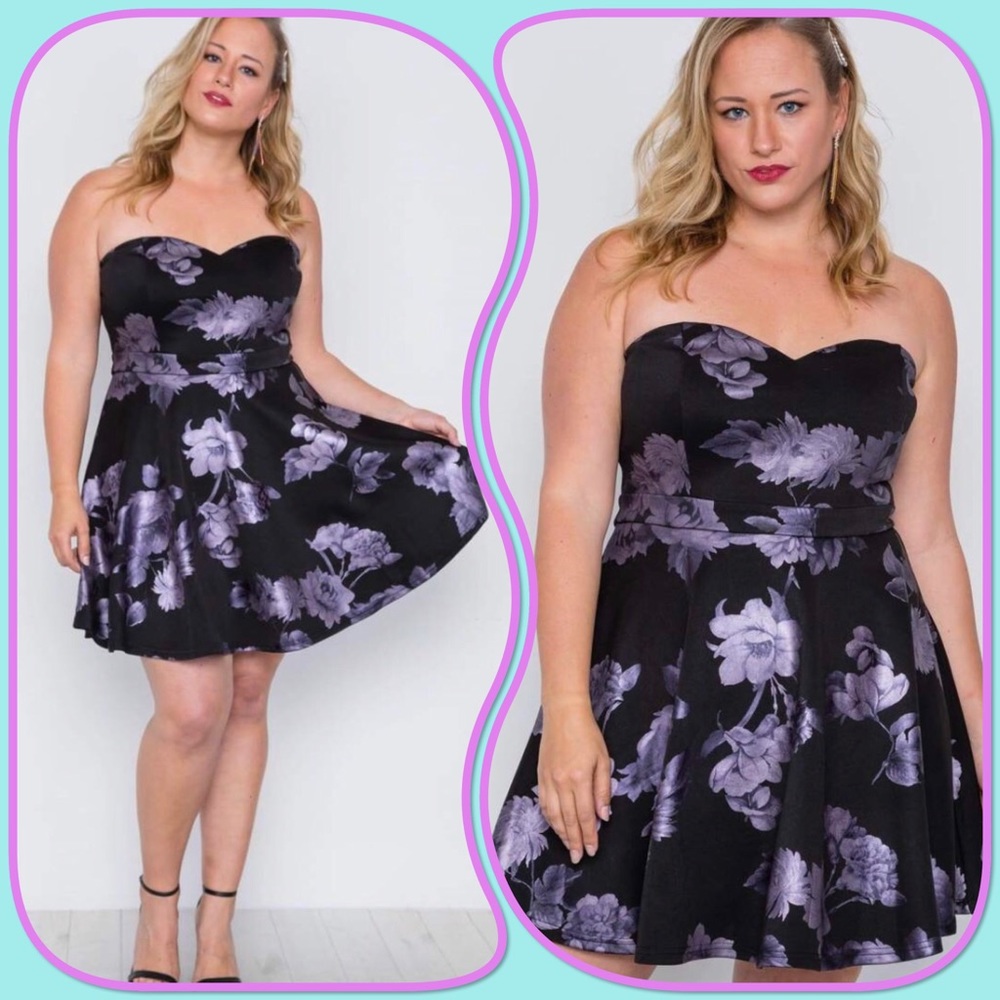 Plus Size Black Fit & Flare Floral Mini Dress